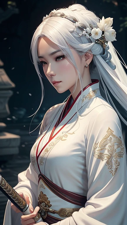 a close up of a woman with a sword in a white dress, a character portrait by Yang J, trending on cgsociety, fantasy art, beautiful character painting, artwork in the style of guweiz, guweiz, white hanfu, flowing white robes, full body wuxia, epic exquisite character art, stunning character art, beautiful female assassin