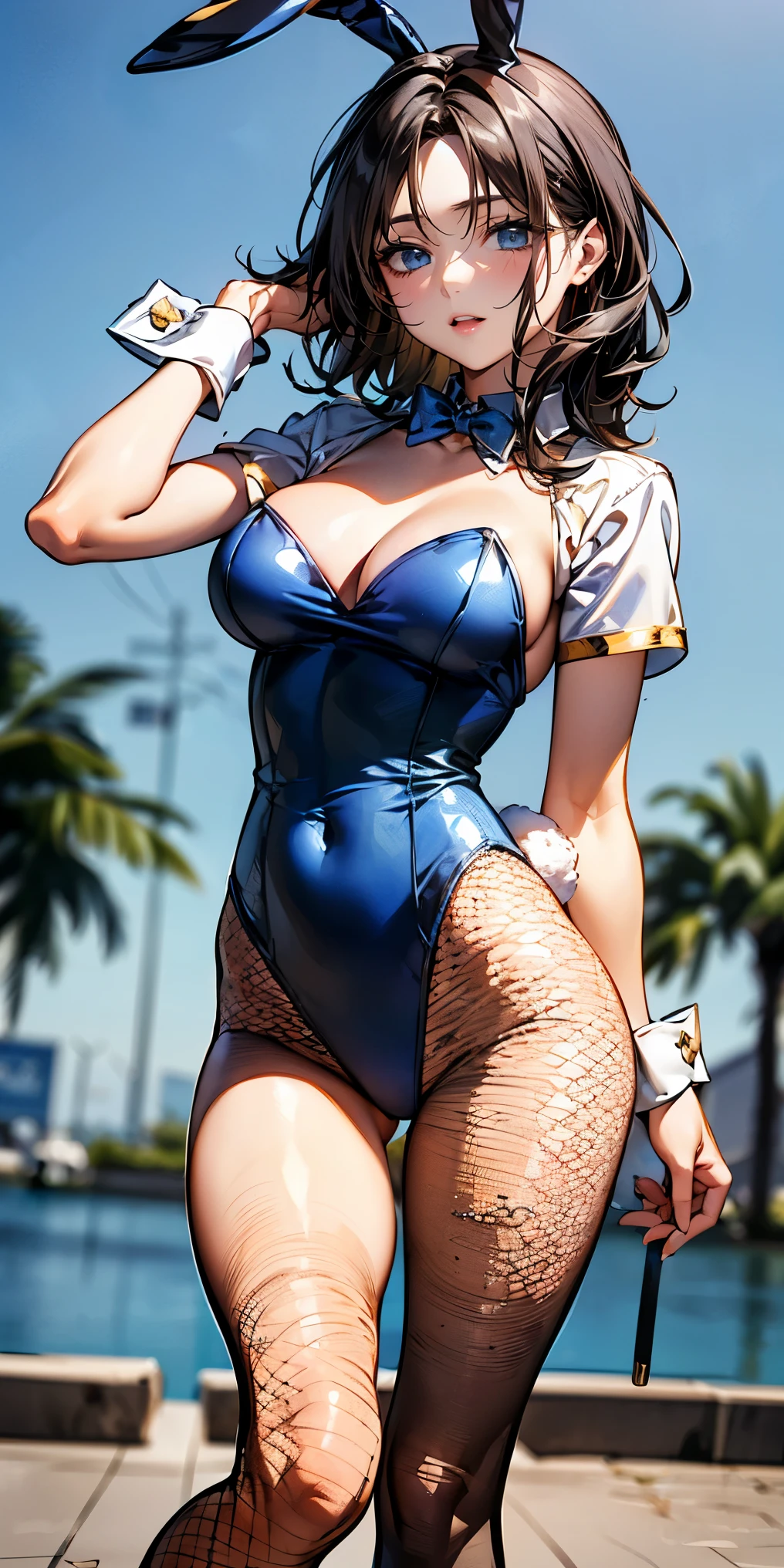 （（highest quality，8K，T Masterpiece：1.3））， sharp focus：1.2，cute woman with perfect figure：1.4，（（（（（huge cleavage））），（ridiculously big breasts：1.5），straight hair、hair blowing in the wind（huge hips），smile，thin abs：1.2，((black hair:1.4, medium hair:1.6))，Highly deしっぽed face and skin texture，tail eyes，double eyelid、/ (wear white top over blue playboy_bunny leotard:1.3), (Clothes divided into upper and lower parts:1.2), (short sleeve:1.1), ((blue bunny girl costume:1.8)), (Fishnet tights:1.2), high heels, ((rabbit tail:1.2, rabbit ears))
