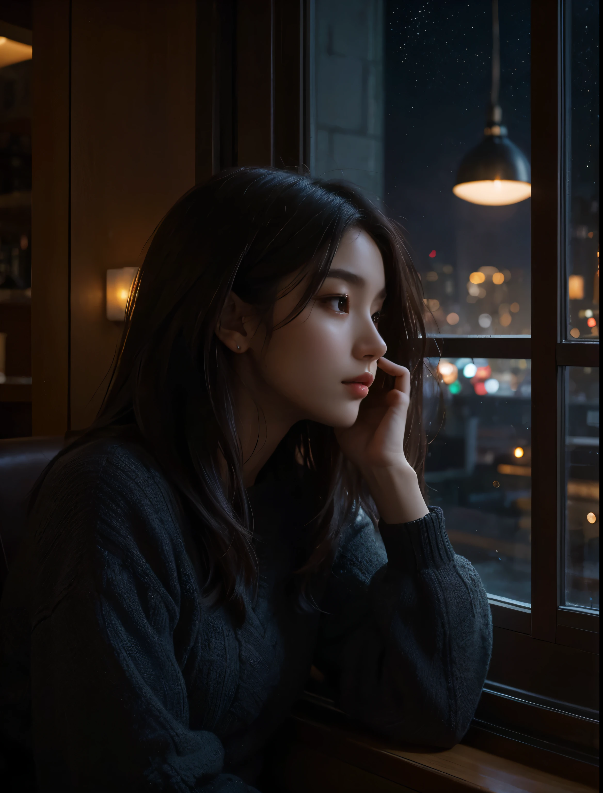 The time is night. A beautiful woman sits by the window in a restaurant and looks out the window. Twenty years old. Dark brown hair. There is a view of the suburbs outside the window. The woman looks a little lonely. Upper body close-up image.