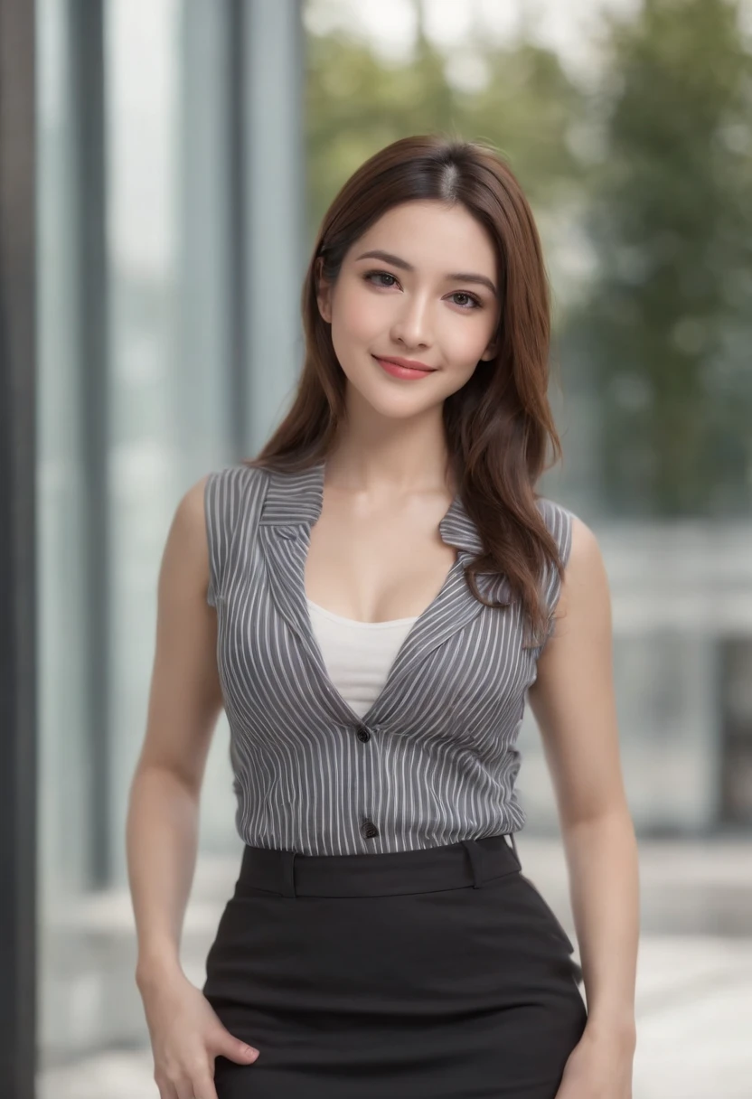 (full body), (standing), a 30 year old woman looking into the camera, medium straight hair, detailed beautiful face, smiling with teeth, striped unbuttoned blouse, black miniskirt, small cleavage, action shot, glasses, empty office background, daytime, photo realistic, CG, art station, masterpiece, HD photography