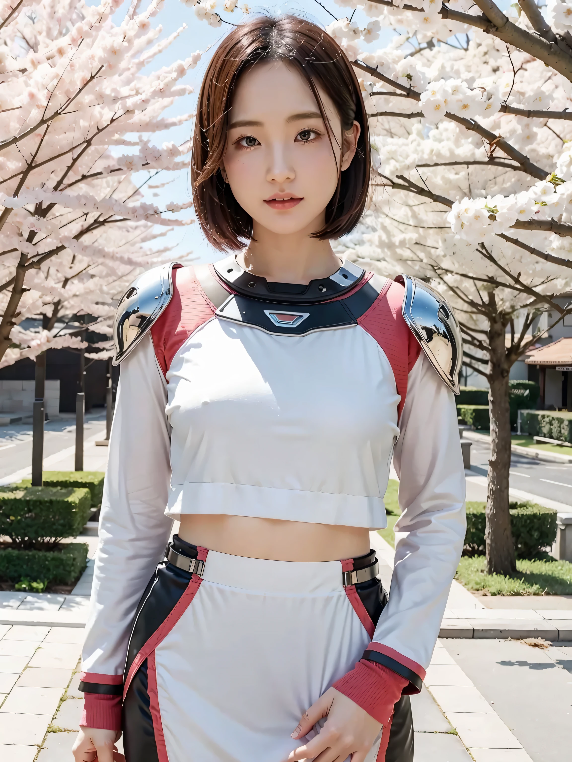 beautiful japanese young woman, wearing cyborg armor, thick symmetrical features, very short hair, background is cherry blossoms, pink aura, red lips, octane render,