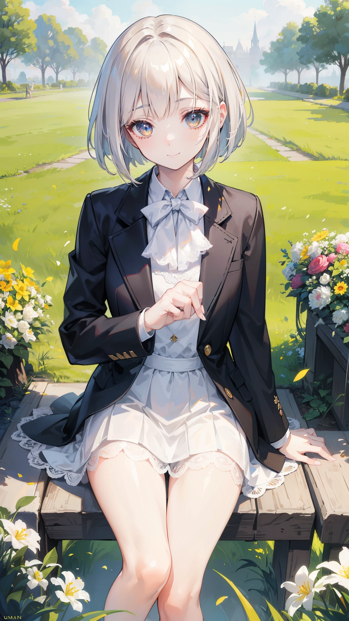 32k, best quality, ultra high res, HDR, UHD, extremely detailed CG, unity 32k wallpaper, sunny day, Elegant photo of a girl in a blazer dress, (puffy eyes:1.05), (white lace shirt), platinum brown hair, (angled bob:1.4), flat bangs, (flowing hair), smile a little, Happy, happiness, high definition skin, skin pores, Stunning innocent symmetrical face, long eyelashes, black eyeliner, bright gold eyeshadow,(sitting on the embankment), crossed_foot, Emotional, Wind, garden, wood, Grass, masterpiece, highest quality, realistic,