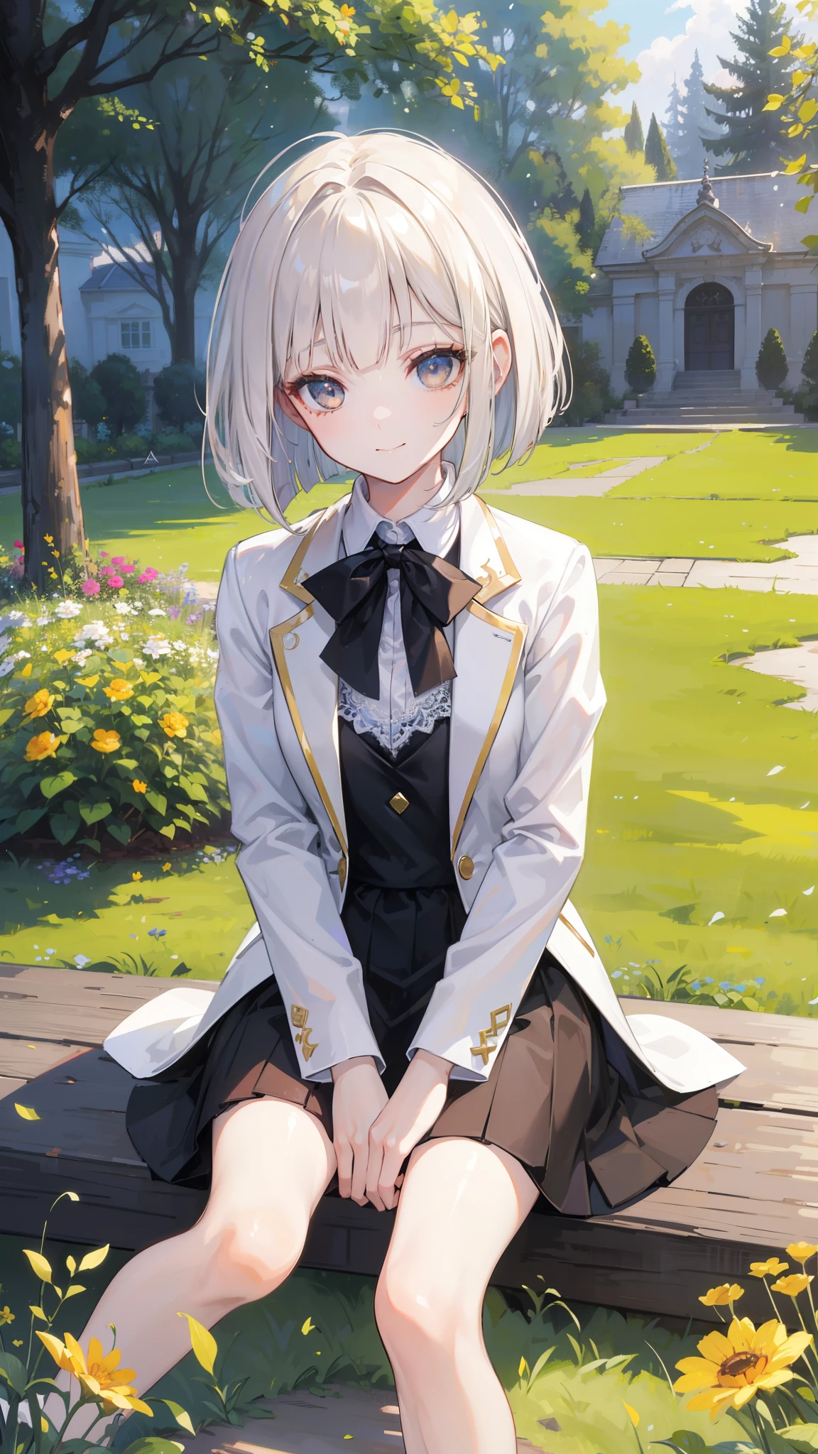 32k, best quality, ultra high res, HDR, UHD, extremely detailed CG, unity 32k wallpaper, sunny day, Elegant photo of a girl in a blazer dress, (puffy eyes:1.05), (white lace shirt), platinum brown hair, (angled bob:1.4), flat bangs, (flowing hair), smile a little, Happy, happiness, high definition skin, skin pores, Stunning innocent symmetrical face, long eyelashes, black eyeliner, bright gold eyeshadow,(sitting on the embankment), crossed_foot, Emotional, Wind, garden, wood, Grass, masterpiece, highest quality, realistic,