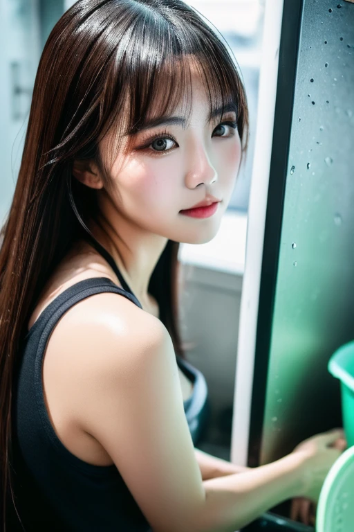 photo of a sultry chinese vixen (wearing a wet tanktop and cut-off shorts) while washing the dishes, (highly detailed face, natural skin texture), sharp focus, hdr, 4k, best quality, absurdres, by holly randall, fujifilm xt3, r/toocuteforporn