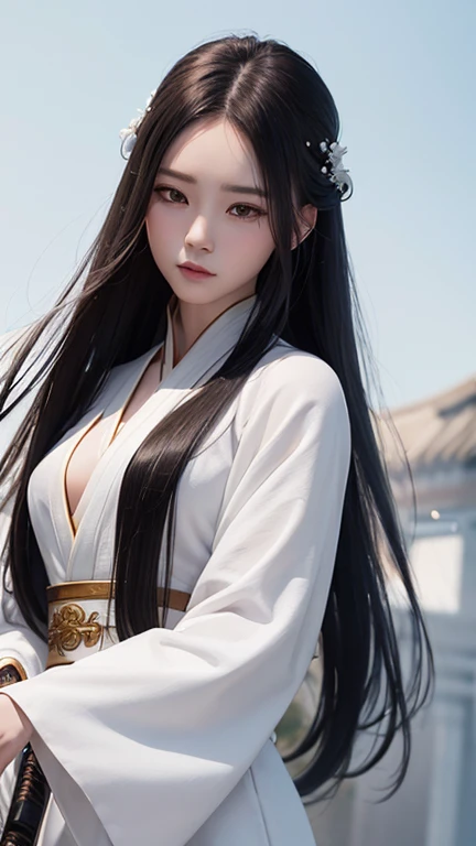 a close up of a woman with a sword in a white dress, a character portrait by Yang J, trending on cgsociety, fantasy art, beautiful character painting, artwork in the style of guweiz, guweiz, white hanfu, flowing white robes, full body wuxia, epic exquisite character art, stunning character art, beautiful female assassin