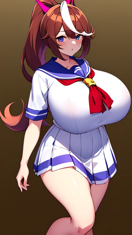 (huge huge tits), High resolution, 1 girl, marl, alone, Tokai Teio (Umamusume), Trasen , white thighs, white skirt, ponytail, sailor shirt, short sleeve, very long hair, brown haired, horseshoe decoration, sailor collar, purple shirt, hair intake, mini skirt, land, teeth, blue eyes, bangs, embarrassing, low length, transistor glamour,
