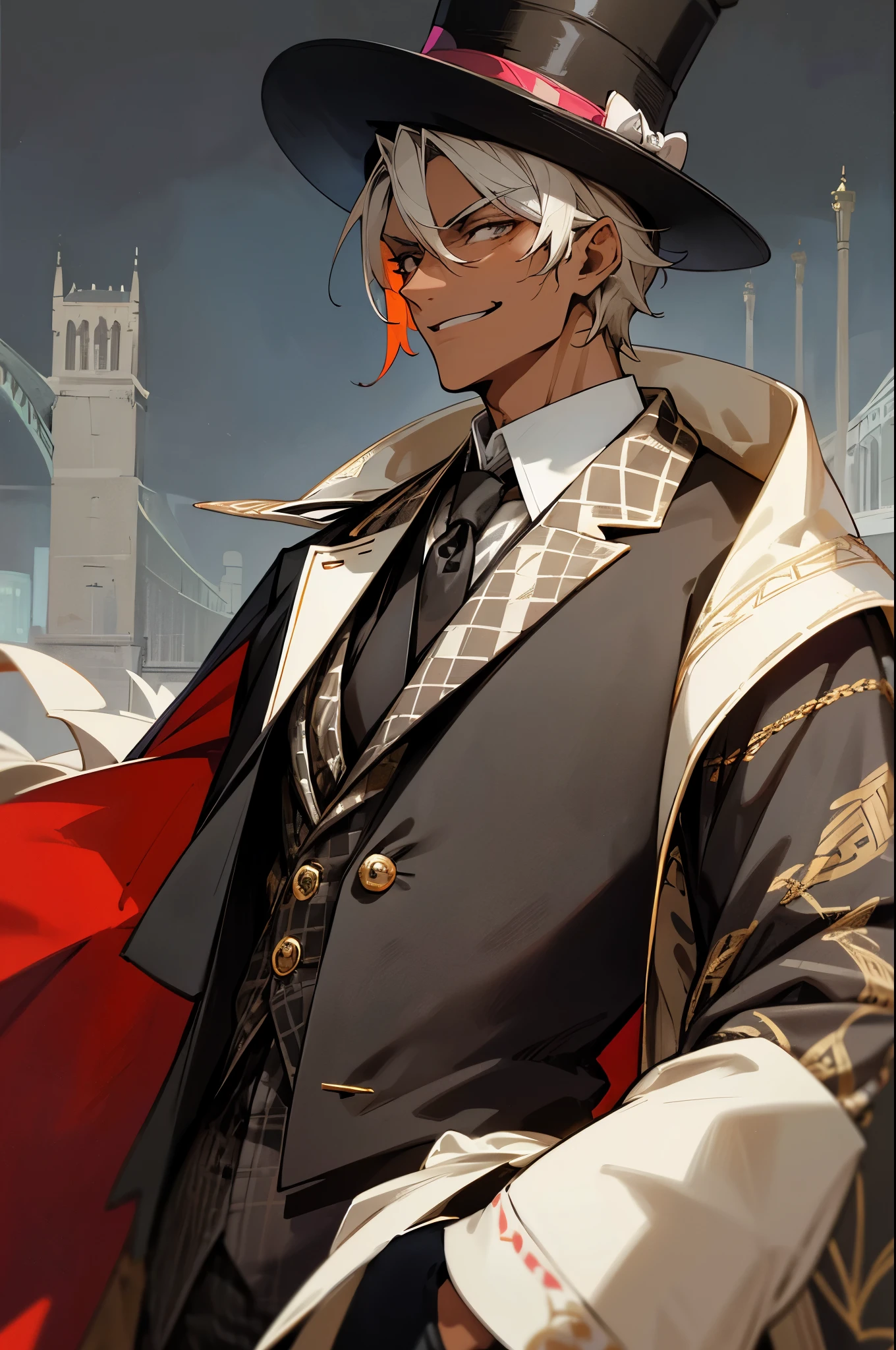 1800's london background, 1800's london outfit, suit and tie, dark cloak, top hat, older male, checkered patterned clothing, checkered patterned hat, colorful clothing, ivory color highlights in hair, smirking, muscular, dark skies,dark skin,
