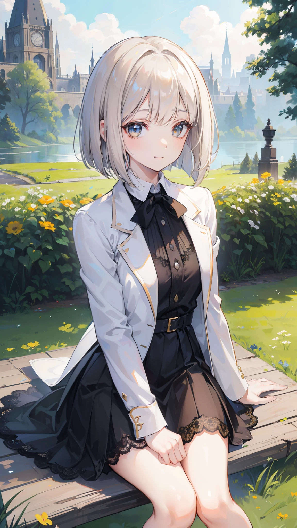 32k, best quality, ultra high res, HDR, UHD, extremely detailed CG, unity 32k wallpaper, sunny day, Elegant photo of a girl in a blazer dress, (puffy eyes:1.05), (white lace shirt), platinum brown hair, (angled bob:1.4), flat bangs, (flowing hair), smile a little, Happy, happiness, high definition skin, skin pores, Stunning innocent symmetrical face, long eyelashes, black eyeliner, bright gold eyeshadow,(sitting on the embankment), crossed_foot, Emotional, Wind, garden, wood, Grass, masterpiece, highest quality, realistic,