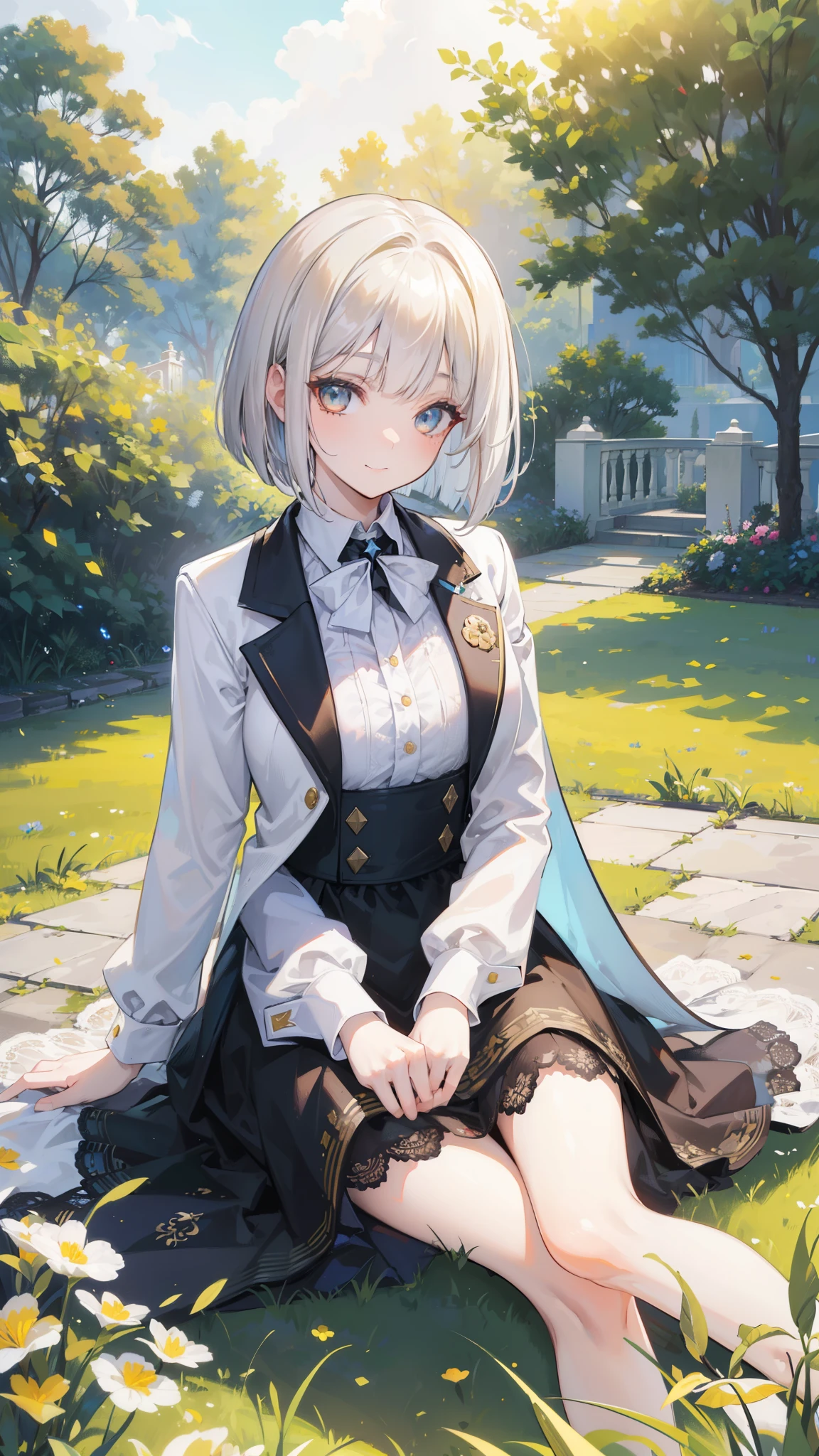 32k, best quality, ultra high res, HDR, UHD, extremely detailed CG, unity 32k wallpaper, sunny day, Elegant photo of a girl in a blazer dress, (puffy eyes:1.05), (white lace shirt), platinum brown hair, (angled bob:1.4), flat bangs, (flowing hair), smile a little, Happy, happiness, high definition skin, skin pores, Stunning innocent symmetrical face, long eyelashes, black eyeliner, bright gold eyeshadow,(sitting on the embankment), crossed_foot, Emotional, Wind, garden, wood, Grass, masterpiece, highest quality, realistic,