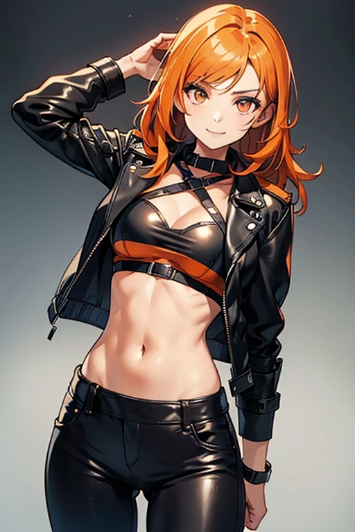 leonie_in_a_black_leather_jacket_and_leather_pants, midriff, medium_hair, skinny, beautiful, orange_hair, confident_pose, orange_eyes,confident_smile, gentle_expression, high resolution, 8k