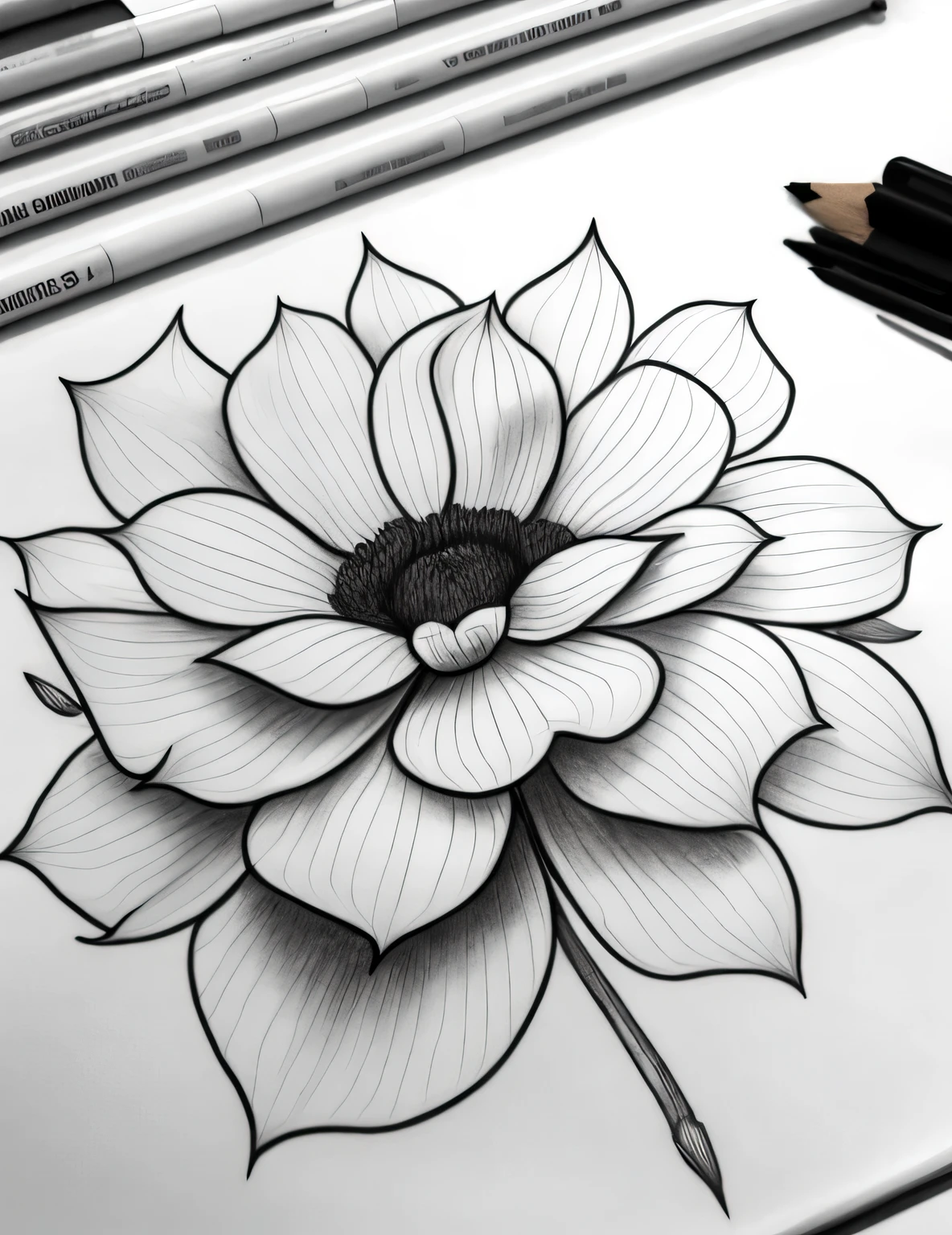 drawing of a flower with a pencil on a piece of , drawing, black ink line art, medium sized tattoo sketch, clean ink detailed line drawing, drawn on white parchment , detailed flowers, hyper - realistic tattoo sketch, black ink outline, line drawing tattoos, shaded ink illustration, ink art, higly detailed black ink outline
