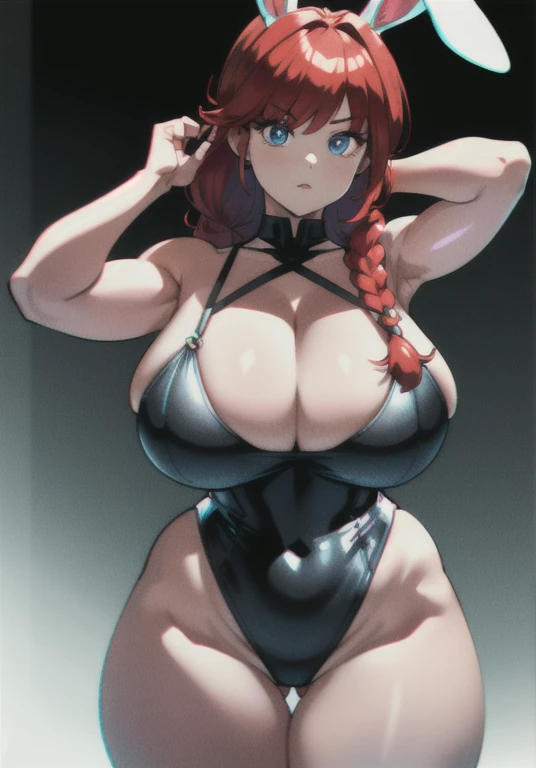(masterpiece:1.2, best quality:1.2, beautiful, high quality, highres:1.1, aesthetic), detailed, extremely detailed, ambient soft lighting, 4K, perfect eyes, perfect face, perfect lighting, 1girl, long hair, solo, RanmaChan, red_hair, (single_braid), blue_eyes, 1girl, solo, huge breasts, huge ass, huge thighs, narrow waist, wide hips, thick thighs, curvy, cleavage, bunny girl, leotard, bunny ears, looking at viewer, simple background, (best quality), ((masterpiece)), (highres), original, perfect female body, perfect breasts, perfect hips, perfect anatomy perfect hands, extremely detailed wallpaper,shiny, chromatic aberration abuse, vivid color, (highly ultra detailed face and hair and skin and eyes and finger and background and hair:1.2)