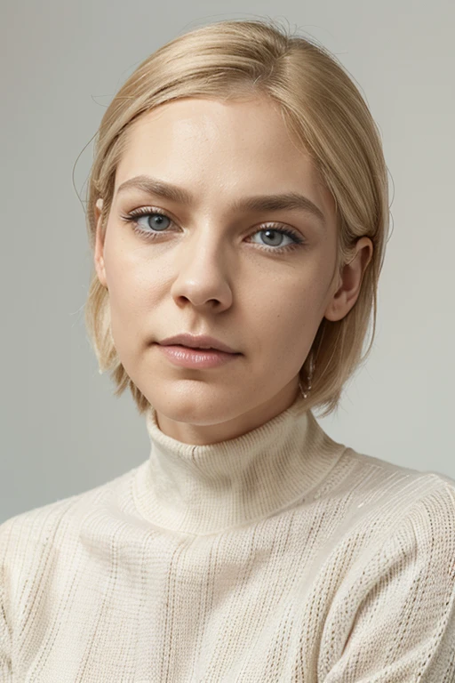 portrait photo of Aster Scarlet Ridley, an androgynous male, non-binary model, feminine looking male, (age 44), (Angled Chin Length Hairstyle), (light blonde hair:1.2), slender, male brow ridge, fair skin, pretty blue eyes, detailed skin pores, nude, white background, wearing a turtle neck sweater, perfectly centered, 12-megapixels, hyperrealistic