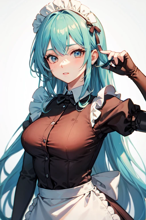 Ganyu, 1girl, solo, maid uniform, meidofuku, maid, maid costume, maid hairband, cool glasses, black thighhighs, breasts, cleavage, simple background, pleated skirt, hair between eyes, large breasts, long hair, looking at viewer, light blue hair, blue short nails, solo, thighhighs, thighs, ((masterpiece)), standing, sexy pose, blush, shy, smile, closed mouth, white background, detailed hand, beautifull finger,