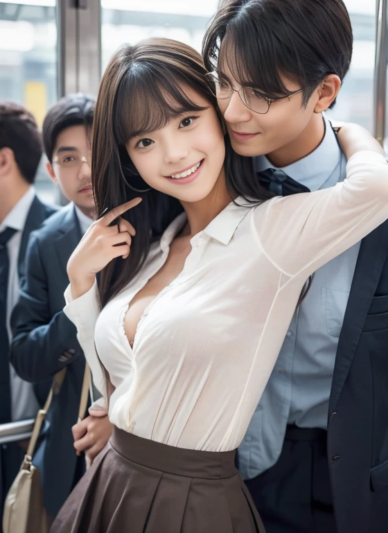 Inside a crowded train、(Dirty old man with torn clothes at 40 years old)、(Old man hugging her from behind and talking in her ear)、Other guys catch her with their butts bouncing、Picking up Nini while shaking her white skirt.、photograph、masterpiece、highest quality、dark gray background、(1 girl;,brown short hair,small breasts,big smile)、Wait till the small ass sexy swinging skirt round:1.3)、(White see-through open shirt with wide chest:1.5,not wearing a bra)、Old man leaning on her from behind and picking her up