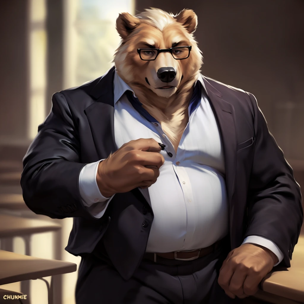 Bear, Male, Solo, Wearing Teacher Outfit, Claws, Fur, Wearing eye glasses, Classroom background, Hands on side, Looking at viewer, Dad bod, Middle-aged, White beard,  (Photorealistic, Realistic shadows, depth of field, Wide Dynamic Field, Dark Shadows, HDR, Low Light: 1.2, Full Body Shot), (by null-ghost, by Chunie, by darkgem), 