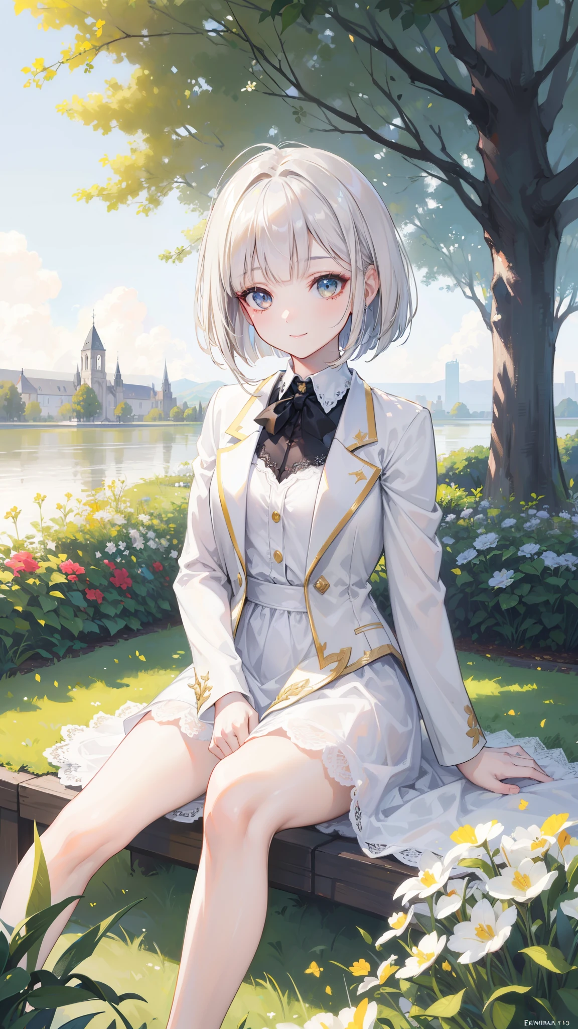 32k, best quality, ultra high res, HDR, UHD, extremely detailed CG, unity 32k wallpaper, sunny day, Elegant photo of a girl in a blazer dress, (puffy eyes:1.05), (white lace shirt), platinum brown hair, (angled bob:1.4), flat bangs, (flowing hair), smile a little, Happy, happiness, high definition skin, skin pores, Stunning innocent symmetrical face, long eyelashes, black eyeliner, bright gold eyeshadow,(sitting on the embankment), crossed_foot, Emotional, Wind, garden, wood, Grass, masterpiece, highest quality, realistic,