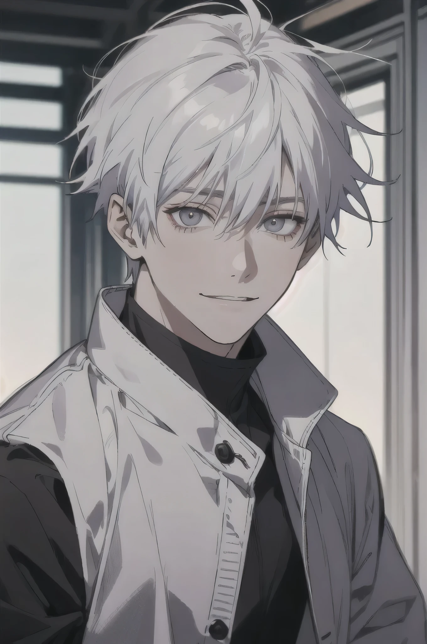 midjourney, ((best quality)), ((masterpiece)), (detailed), perfect face, 1male, handsome male, young, 18 years. old, ((white sleek hair, short hair down like inumaki toge from jujutsu kaisen)), ((dark eyes)), depth of field, happy expression, bright smile vivid colors.