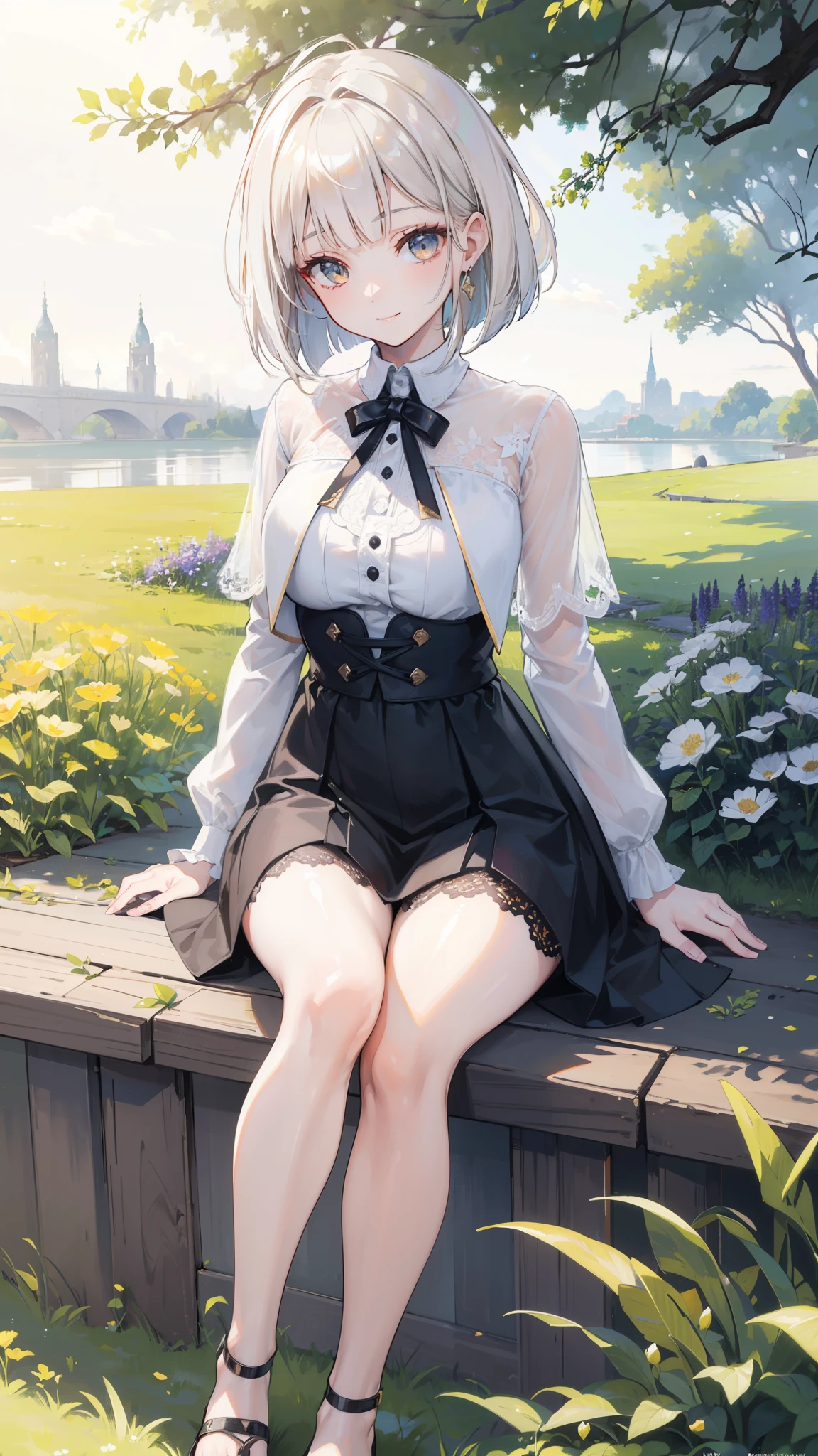 32k, best quality, ultra high res, HDR, UHD, extremely detailed CG, unity 32k wallpaper, sunny day, Elegant photo of a girl in a blazer dress, (puffy eyes:1.05), (white lace shirt), platinum brown hair, (angled bob:1.4), flat bangs, (flowing hair), smile a little, Happy, happiness, high definition skin, skin pores, Stunning innocent symmetrical face, long eyelashes, black eyeliner, bright gold eyeshadow,(sitting on the embankment), crossed_foot, Emotional, Wind, garden, wood, Grass, masterpiece, highest quality, realistic,