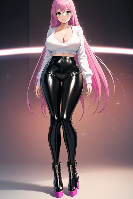 1 girl, 19 years old, Long pink hair, green eyes with slit pupils, master-piece, best quality, (patent leather trousers, White V-neck sweater, streetwear, patent leather high heel boots, cleavage), (Big , ultra gigantic , Super super big, Glamorous body), Make eye contact with the camera, front figure, looking forward, (light_Smile:1.5), (Detailed hands and fingers:1.2), (FULL BODYSHOT), thighs thighs thighs thighs、beauty legs、Bare legs