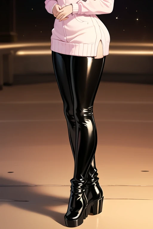 1 girl, 19 years old, Long pink hair, green eyes with slit pupils, master-piece, best quality, (patent leather trousers, White V-neck sweater, streetwear, patent leather high heel boots, cleavage), (Big , ultra gigantic , Super super big, Glamorous body), Make eye contact with the camera, front figure, looking forward, (light_Smile:1.5), (Detailed hands and fingers:1.2), (FULL BODYSHOT), thighs thighs thighs thighs、beauty legs、Bare legs