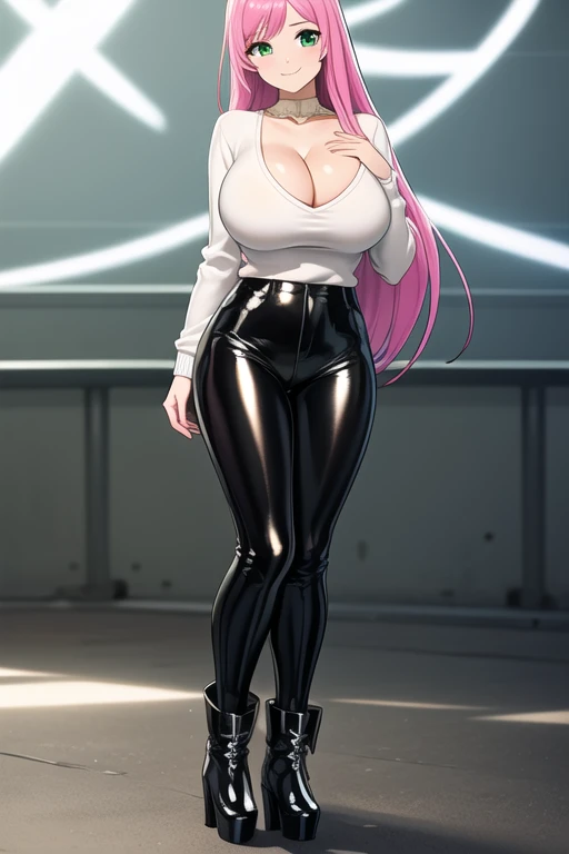 1 girl, 19 years old, Long pink hair, green eyes with slit pupils, master-piece, best quality, (patent leather trousers, White V-neck sweater, streetwear, patent leather high heel boots, cleavage),  (Big , ultra gigantic , Super super big, Glamorous body), Make eye contact with the camera, front figure, looking forward, (light_Smile:1.5), (Detailed hands and fingers:1.2), (FULL BODYSHOT), thighs thighs thighs thighs、beauty legs、Bare legs