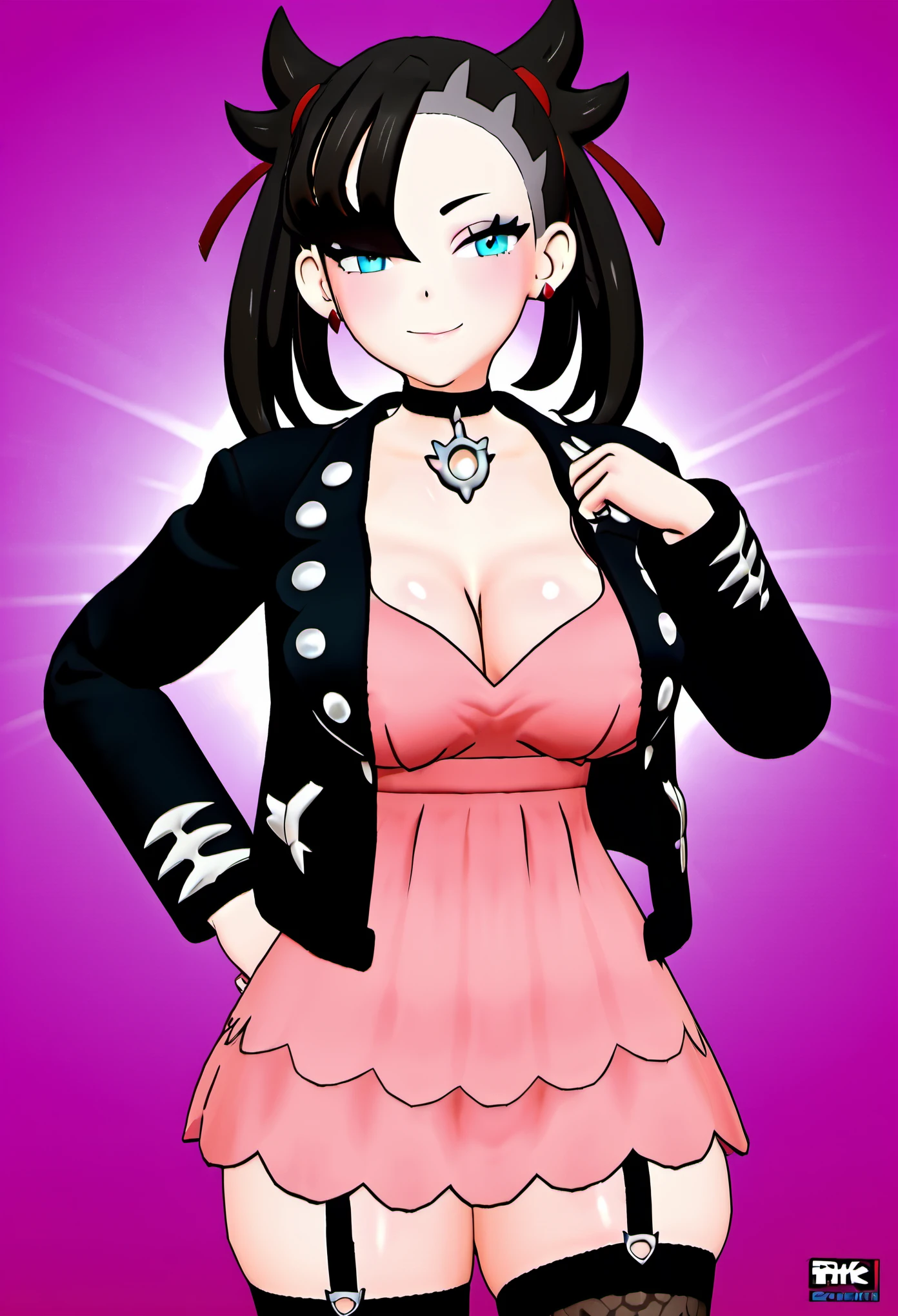 (8k, RAW photos, top quality, masterpiece: 1.2), (High Quality), ray tracing, HDR, (High Details), (Face detail), (Shadow Detail), 1girl, solo, Zentreya, 3d, 3d render, Marnie /(pokemon)/, black hair, blue eyes, cleavage, black jacket, large breasts, thick thighs, closed mouth, pink dress, garter straps, smug,