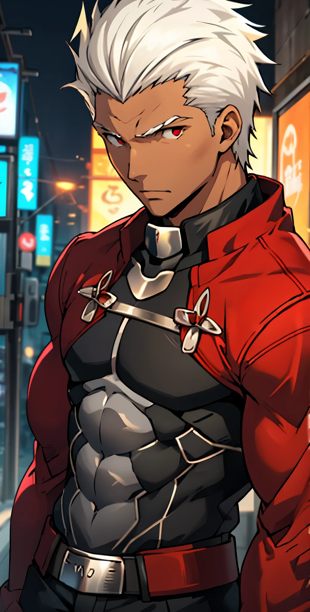 masterpiece, best quality, 1boy, solo, dark-skinned toned male, facing viewer, red eyes, ulra detailed, 8k, high res, (detailed manly face: 1.2), (anime: 1.3), fate unlimited blade works, award winning, anatomically correct, eye focus, (emiya /(archer/):1.2), (fate/unlimited blade works: 1.3), (anime style: 1.3), dark skin, fate anime style, red jacket, black shirt, covered abs, night city background, cinematic lighting, silver hair,