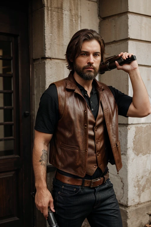 man with messy brown hair with a beard dressed in a brown leather vest, black shirt and jeans pants with sneakers holding a minigun