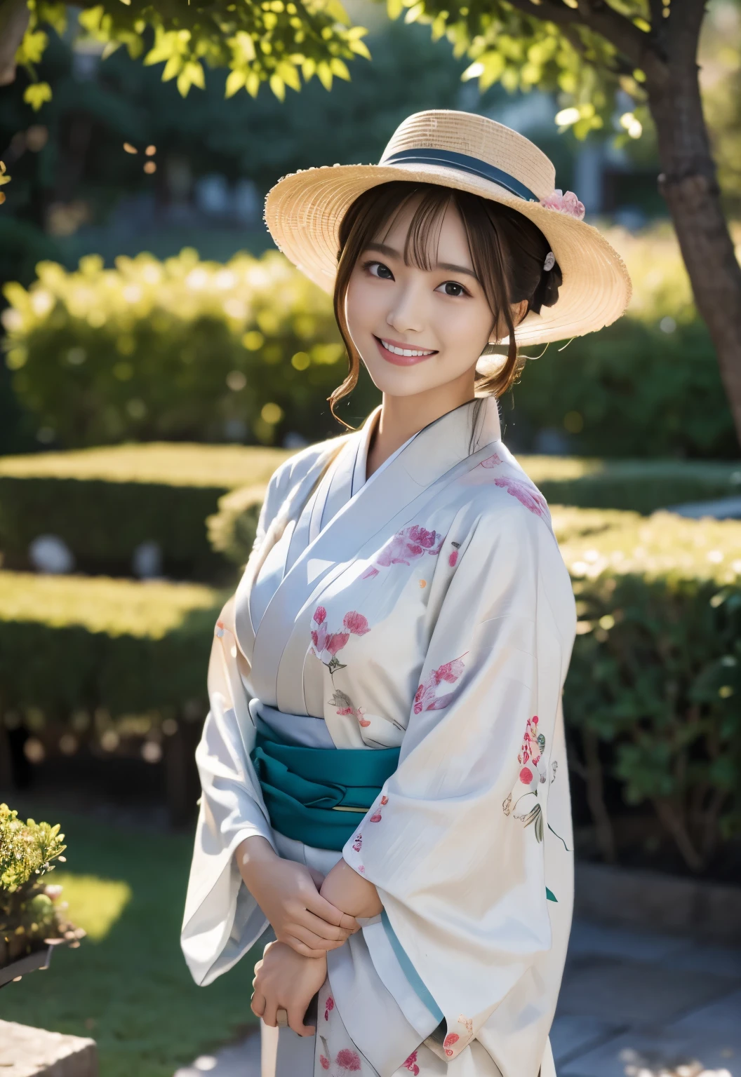 (((garden:1.3, outdoor, Photographed from the front))), ((up hair:1.3,kimono,hat,japanese woman,Smile,cute)), (clean, natural makeup), (highest quality, masterpiece:1.3, 超High resolution), (Super detailed, caustics), (realistic:1.4, RAW shooting), very detailed, High resolution, 16K resolution