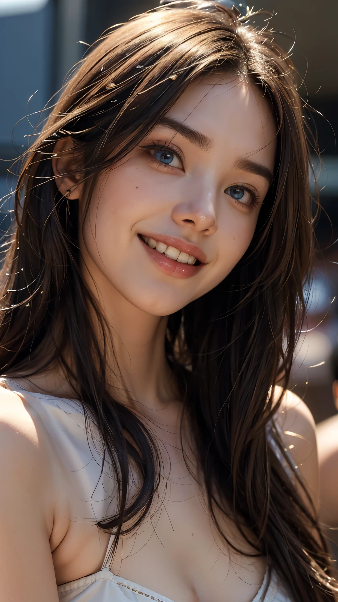 cute 26 year old,1 girl,slim face ,8K,Super realistic image quality,dynamic shadow,sparkling eyes,clear pale blue eyes,movie theater lighting,camisole,strong sunlight, ((face close up:1.4)),((A smile showing white teeth)),((Open mouth and smile happily)),((Semi-long hair of maroon color)),close, 8K, Raw photo, highest quality, masterpiece,realistic, photo-realistic,