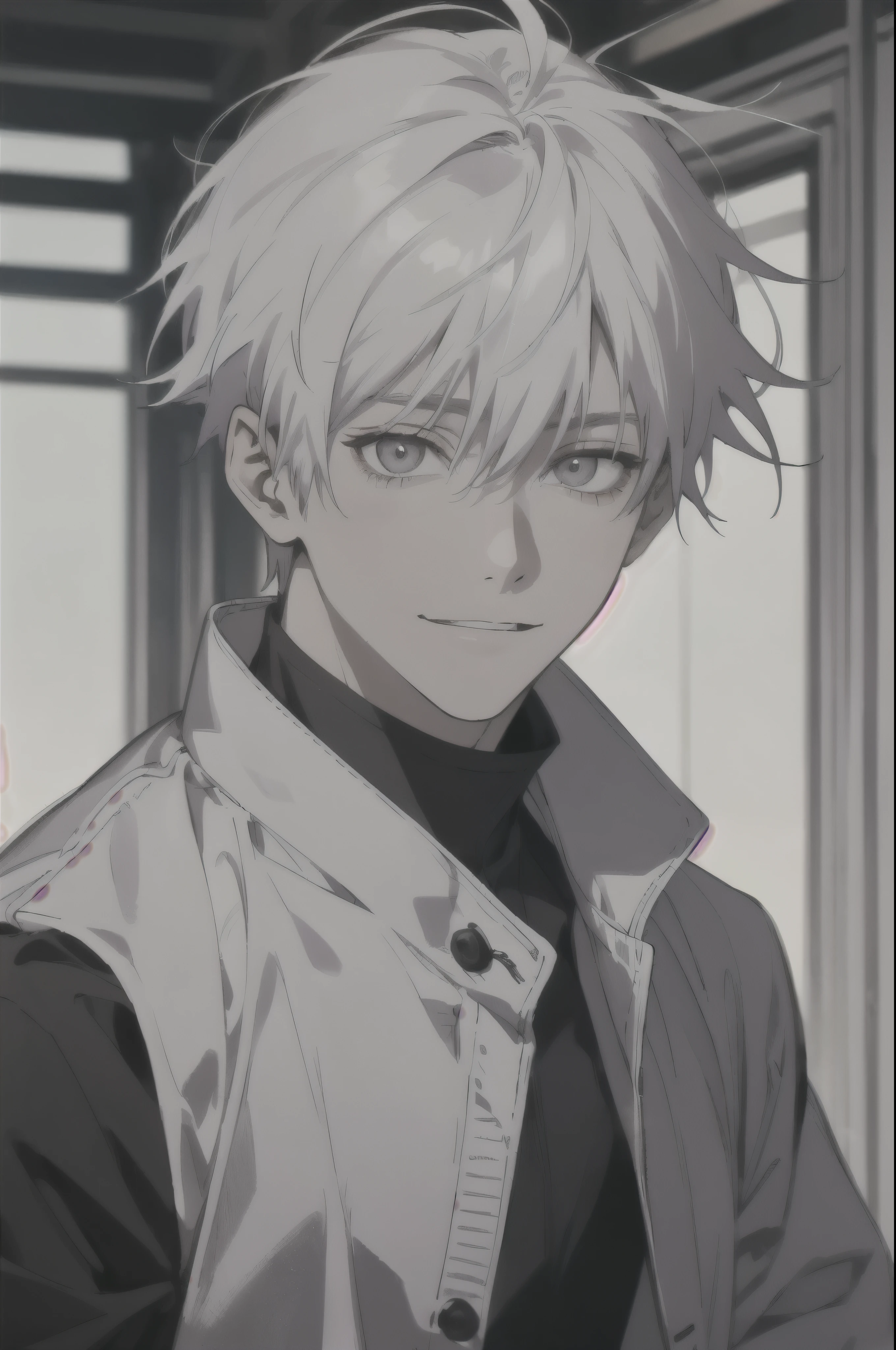 midjourney, ((best quality)), ((masterpiece)), (detailed), perfect face, 1male, handsome male, young, 18 years. old, ((white sleek hair, short hair down like inumaki toge from jujutsu kaisen)), ((dark eyes)), depth of field, happy expression, bright smile vivid colors.