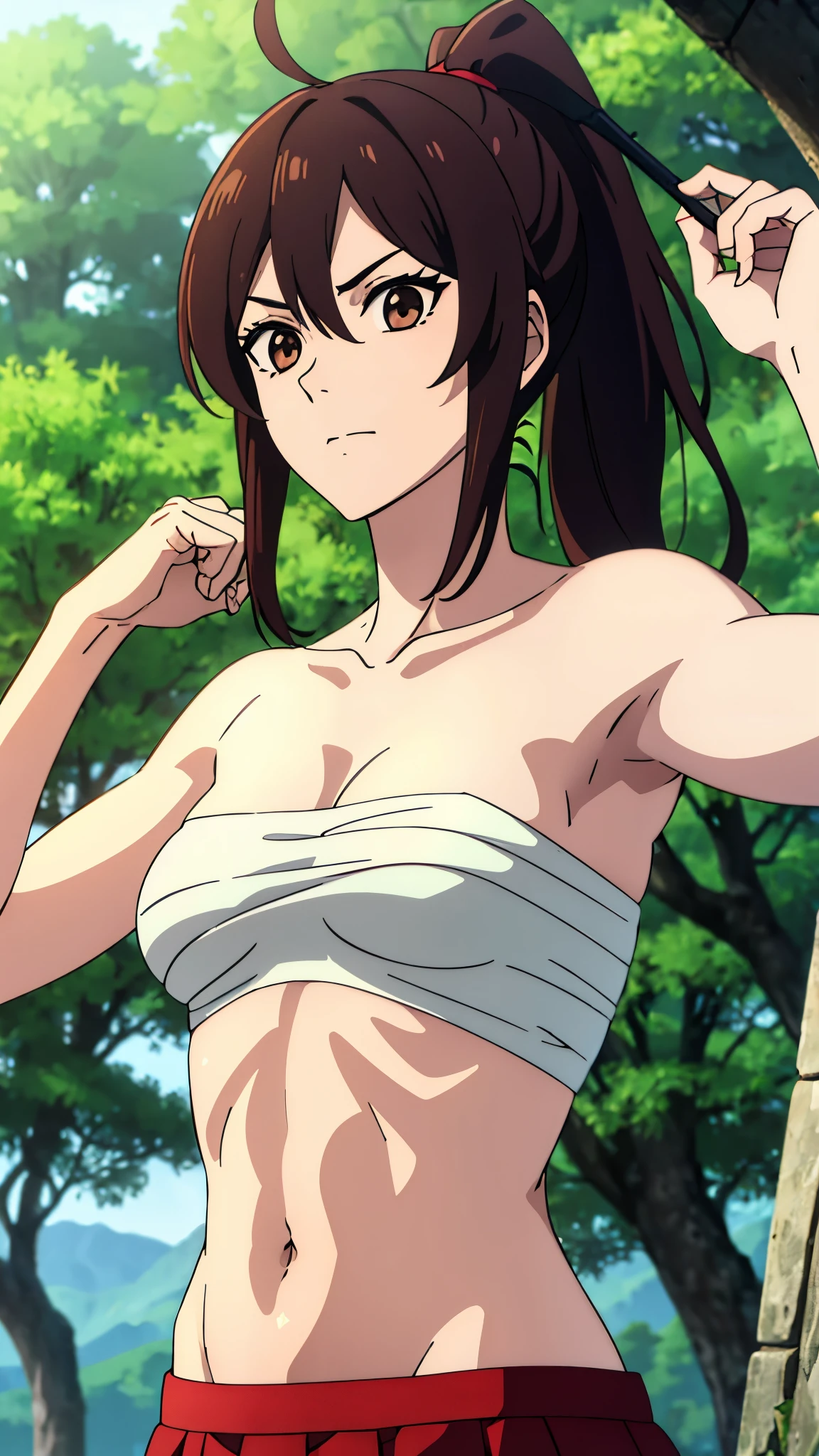 masterpiece, highres, solo, 8k, detailed, perfect face, best quality, (ultra high quality), (looking at viewers), (armpit), collarbone, bare arms, small breast, black hair, ponytail hair, brown eyes, belly, stomach, navel, abs, ahoge, sarashi chest, bandaged breast, white bandage, red hakama, red skirt, slim body, upper body, closed mouth, at forest, hand up