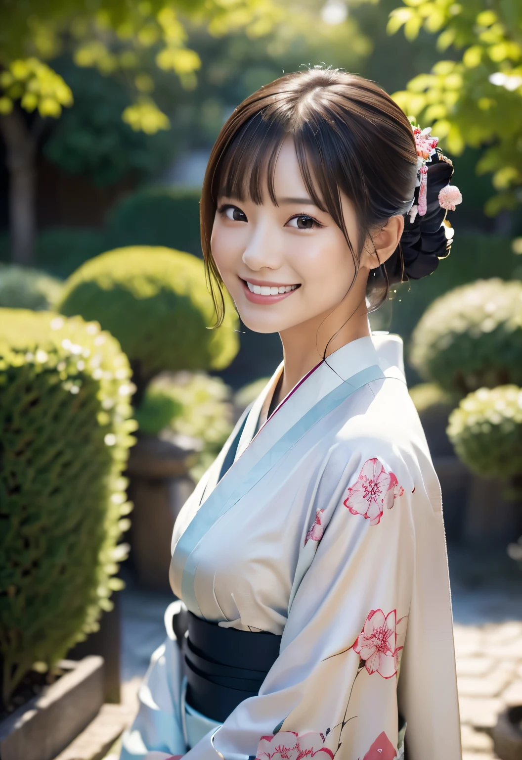 (((garden:1.3, outdoor, Photographed from the front))), ((up hair:1.3,kimono,japanese woman,Smile,cute)), (clean, natural makeup), (highest quality, masterpiece:1.3, 超High resolution), (Super detailed, caustics), (realistic:1.4, RAW shooting), very detailed, High resolution, 16K resolution