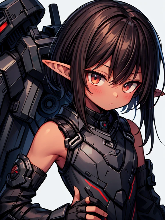 Masterpiece High res, high definition, Warhammer, long elf ears, male dark skin, cute shota, dark brown hair, medium dark brown hair,wearing a black powersuit, detached sleeves, black full bodysuit, black exoskeleton, fingerless gloves, close up
