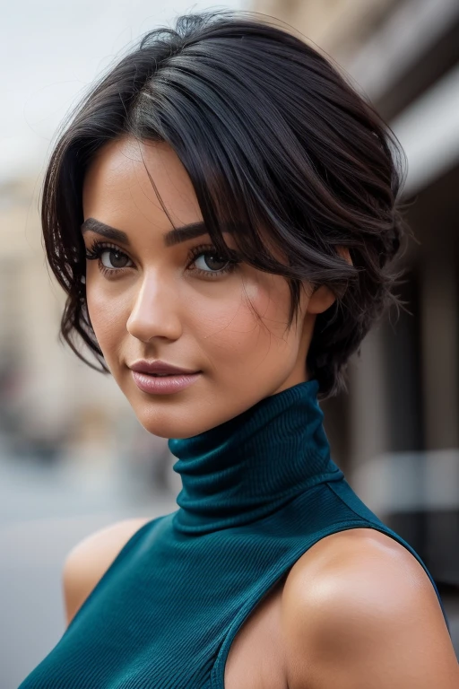 Ultra realistic. wide shot, one ultra hot gorgeous European woman, age23, wavy short black hair. She’s a playmate, men magazine model. wearing a (((random color turtleneck long loose cut dress slit up the side, thigh exposed,))) in modern exclusive night club. Full body portrait, Perfect anatomy, perfect hair, perfect breast, perfect body, perfect hands, perfect face, perfect eyes, accurate, anatomically correct, perfect clear and crisp focus, UHD, masterpiece, ((blurry background)) Fujifilm XT3