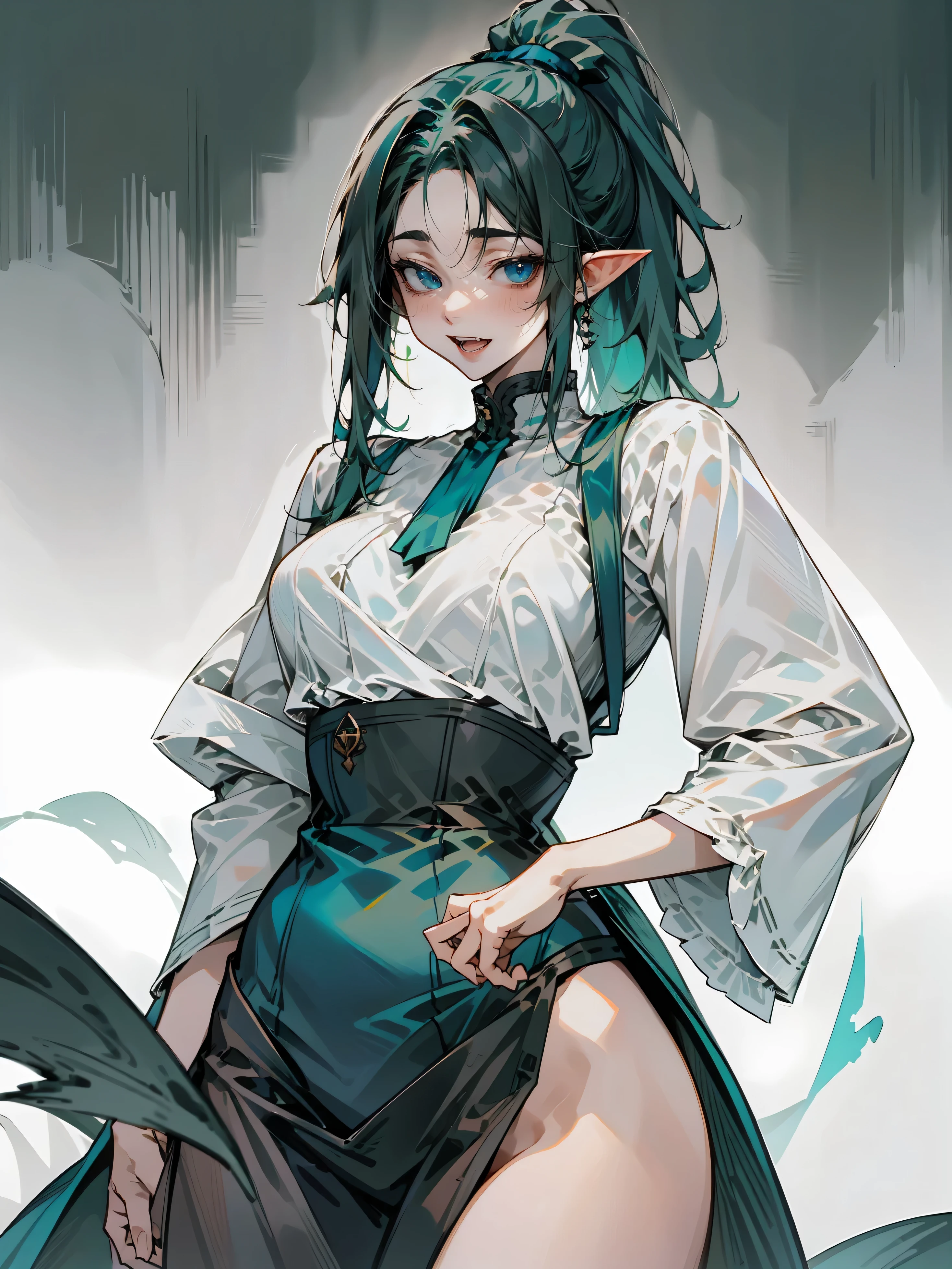 elf girl ,naked , no clothes, big , sexy , big ass, curvy , thick, crazy expresion ,open mouth, fang teeth, dark gray ponytail hair, green blue eyes