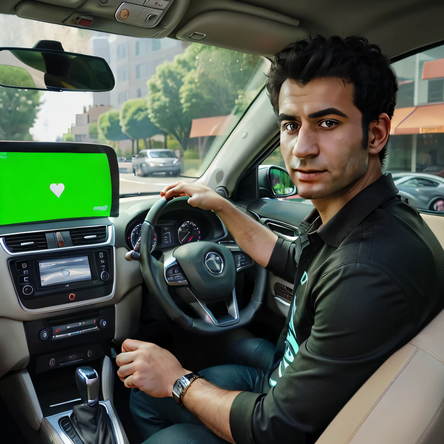 arafed man sitting in a car with a green screen, driver, driving a car, driving, frontshot, smooth technology, full protrait, in the background, in background, inside of a car, rectangle, inside a grand, with octane, handsome, portrait c 1 2. 0, portrait c 12.0, mid shot portrait, avatar image