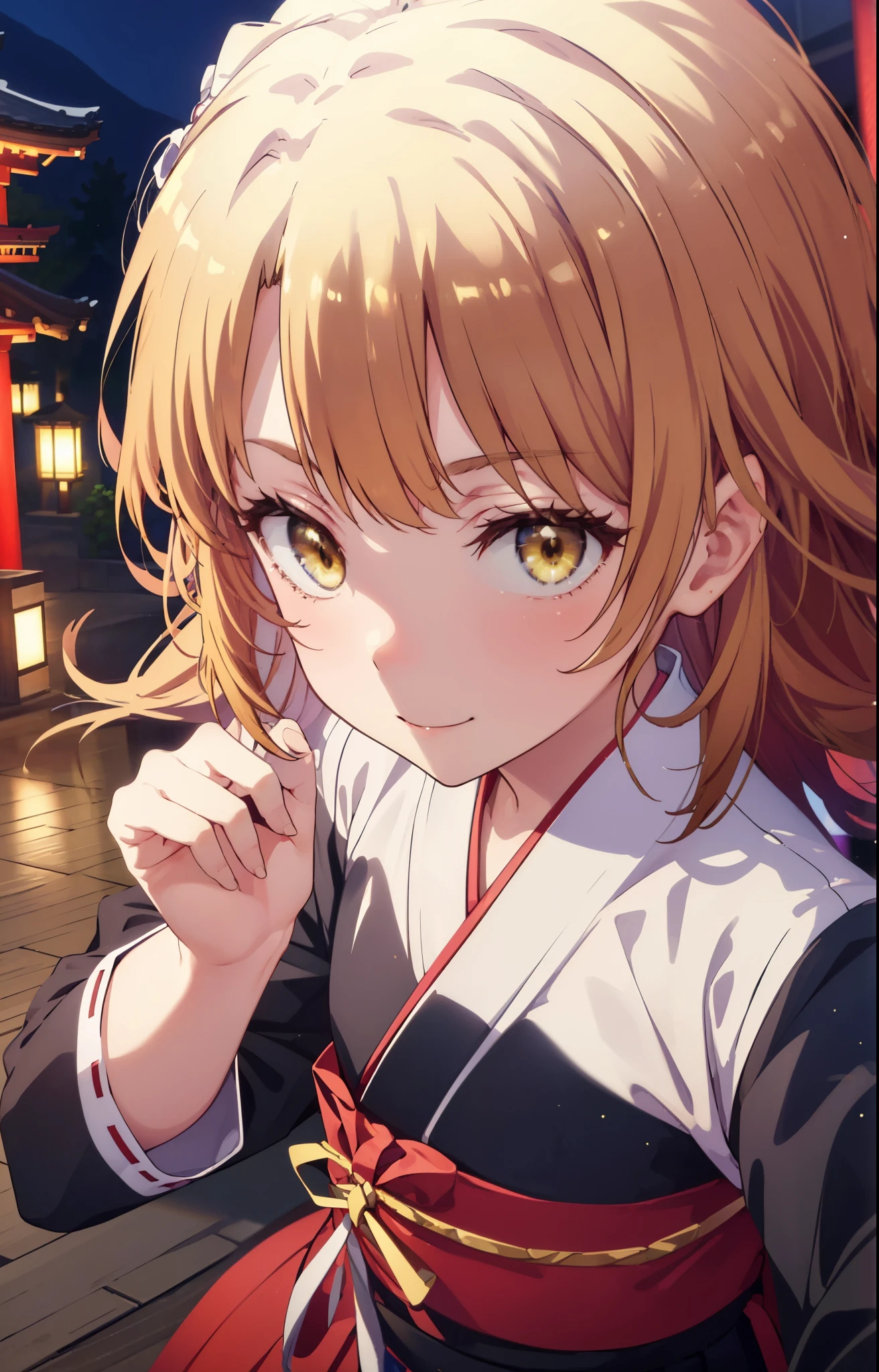 irohaisshiki, iroha isshiki, long hair, brown hair, (brown eyes:1.5), smile,Bellflower,Miko, 白色kimono, kimono,Red hakama Same as skirt, wide sleeve, long sleeve, Ribbon trim sleeves,
very long hair, dull bangs, low ponytail,
break outdoors, 神社
break looking at viewer,
break (masterpiece:1.2), highest quality, High resolution, unity 8k wallpaper, (shape:0.8), (fine and beautiful eyes:1.6), highly detailed face, perfect lighting, Very detailed CG, (perfect hands, perfect anatomy),