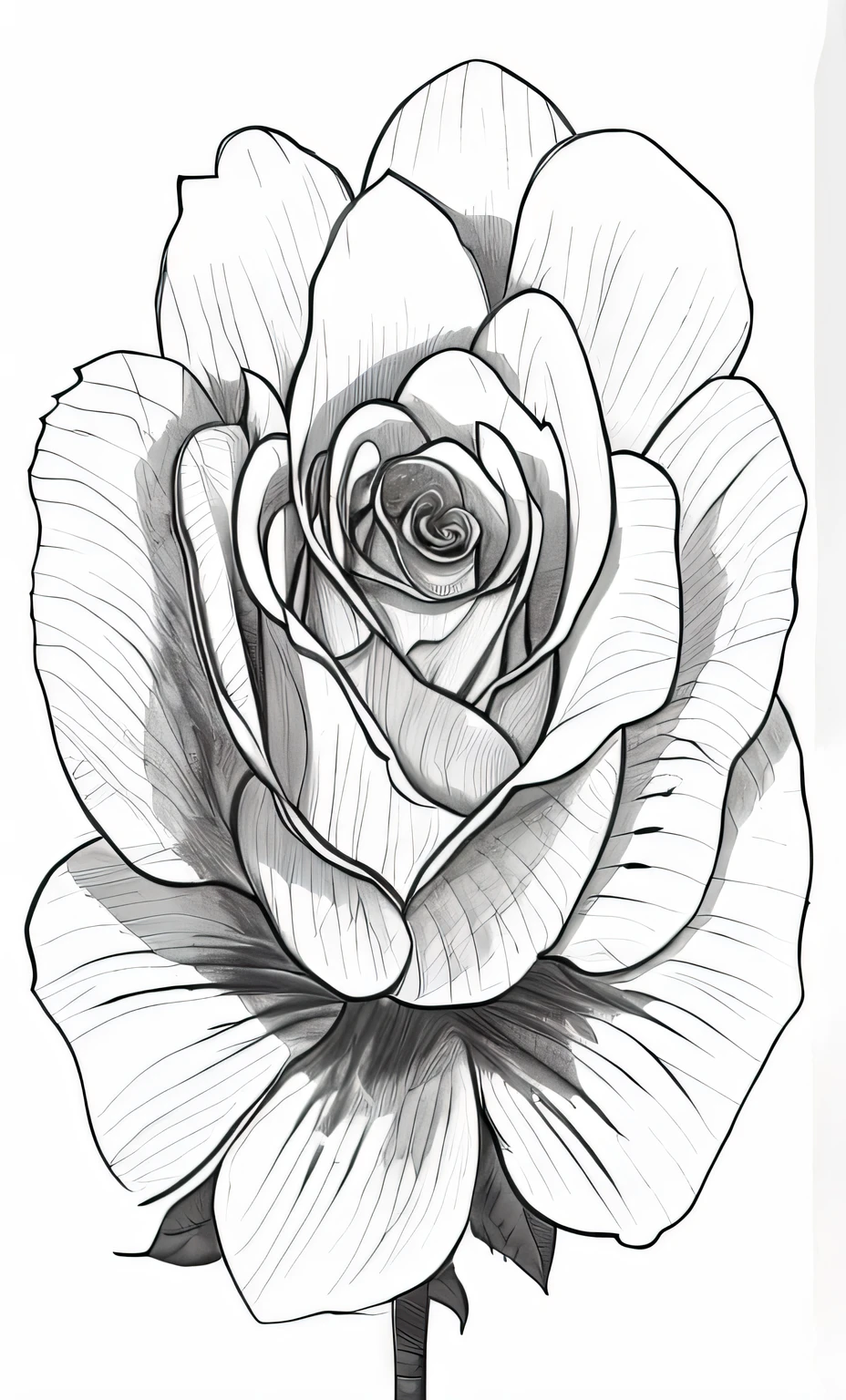 a drawing of a rose with a stem and leaves, perfect pen and ink line art, sketch black and white colors, line art, black and white color only, extremely fine ink lineart, black and white coloring, black and white line art, immaculate shading, detailed flowers, elegant drawing, realistic black and white, black and white vector art, huge rose flower face