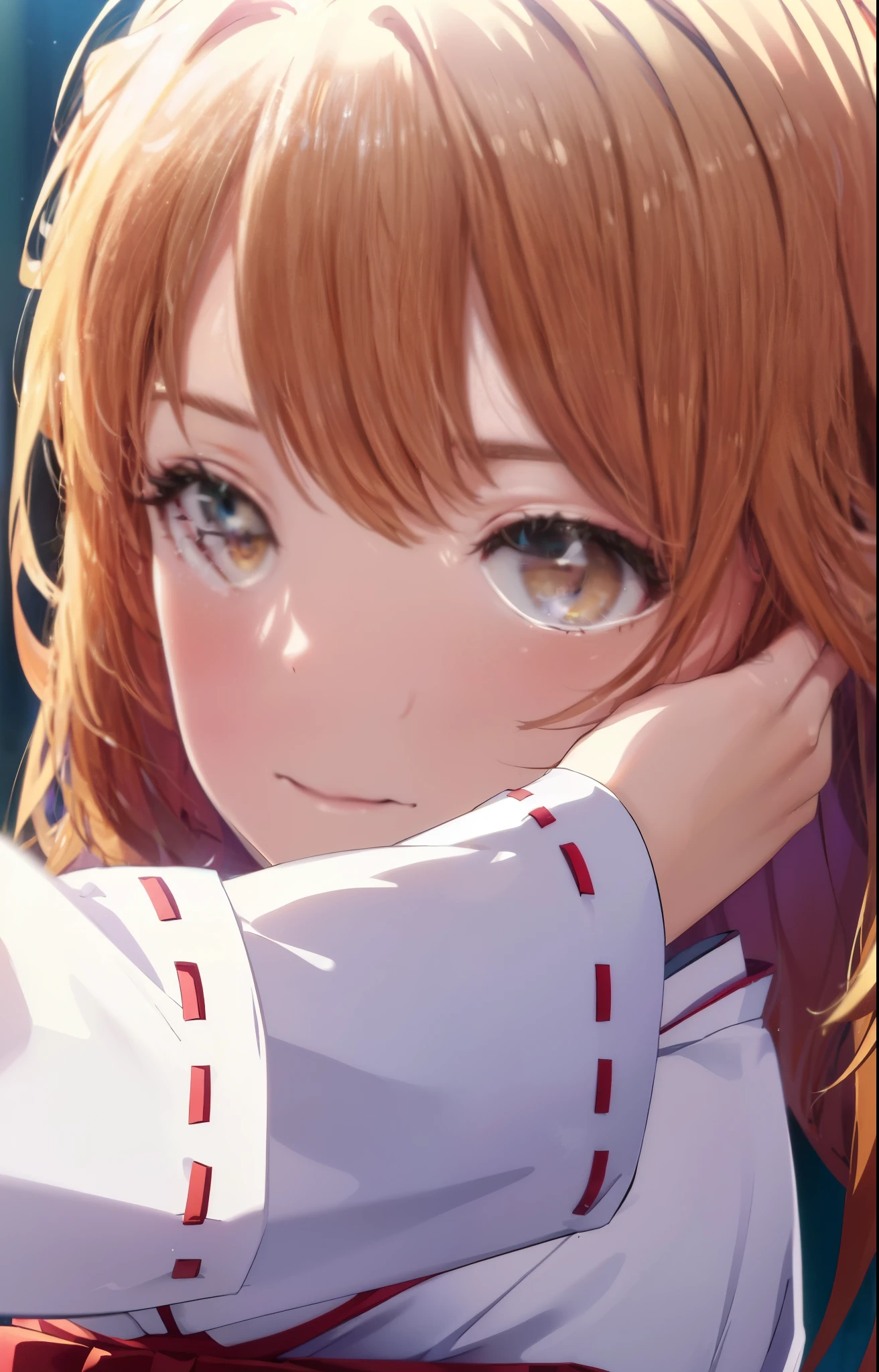 irohaisshiki, iroha isshiki, long hair, brown hair, (brown eyes:1.5), smile,Bellflower,Miko, 白色kimono, kimono,Red hakama Same as skirt, wide sleeve, long sleeve, Ribbon trim sleeves,
very long hair, dull bangs, low ponytail,
break outdoors, 神社
break looking at viewer,
break (masterpiece:1.2), highest quality, High resolution, unity 8k wallpaper, (shape:0.8), (fine and beautiful eyes:1.6), highly detailed face, perfect lighting, Very detailed CG, (perfect hands, perfect anatomy),