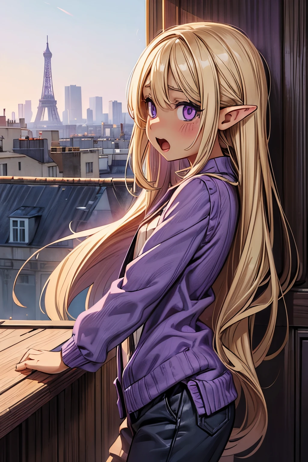 ((Masterpiece)), (Anime:1.3), ((best quality)), (RAW photo:1.2), (High Definition:1.3), (Professional Photography:1.2), (12 years old), (1girl), cute young girl, from side, BREAK, (Screaming face:1.3), open mouth, (Beautiful purple eyes:1.5), (dark skin), elf girl, wear a long cardigan, flat chest, slim body, (hair over eyes), (very long bangs:1.3), unruly hair, (medium hair), ((beautiful blond hair)), wear a long cardigan, shortpants, BREAK, ((best quality)), (Panicked Pose:1.4), (on tiny rooftop), paris cityscape,