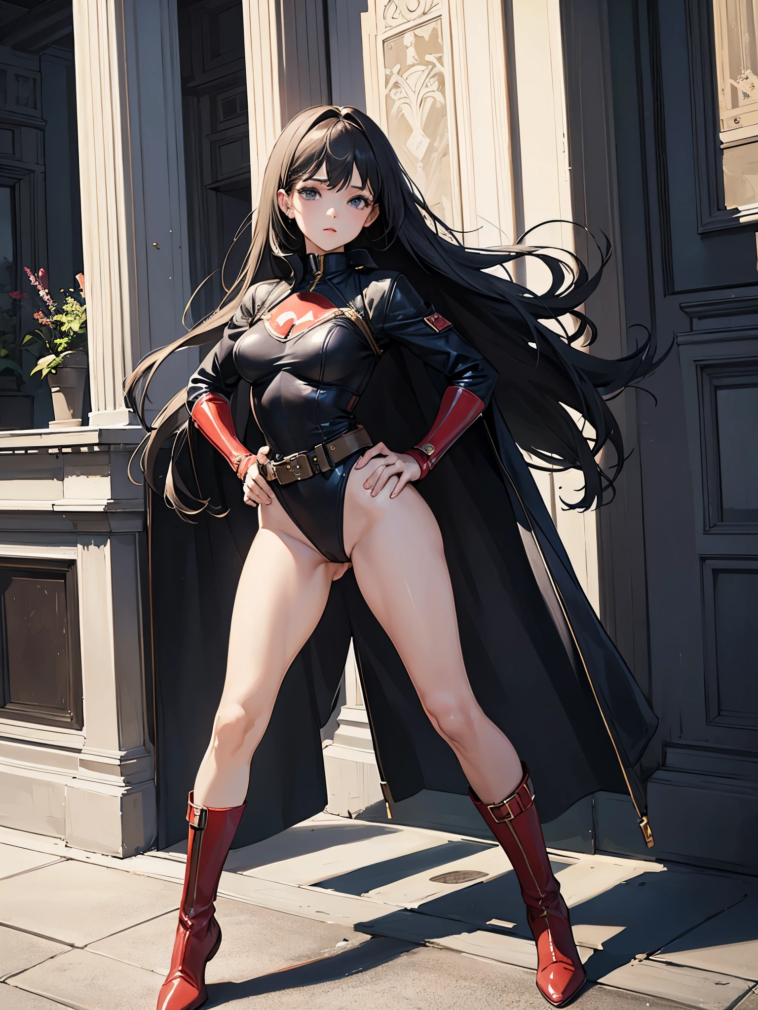 masterpiece, best quality, 1girl, superhero, leotard, bare legs, boots, standing straight, solo focus, fastened tight belt, hands on hip, full body shot, mature lady