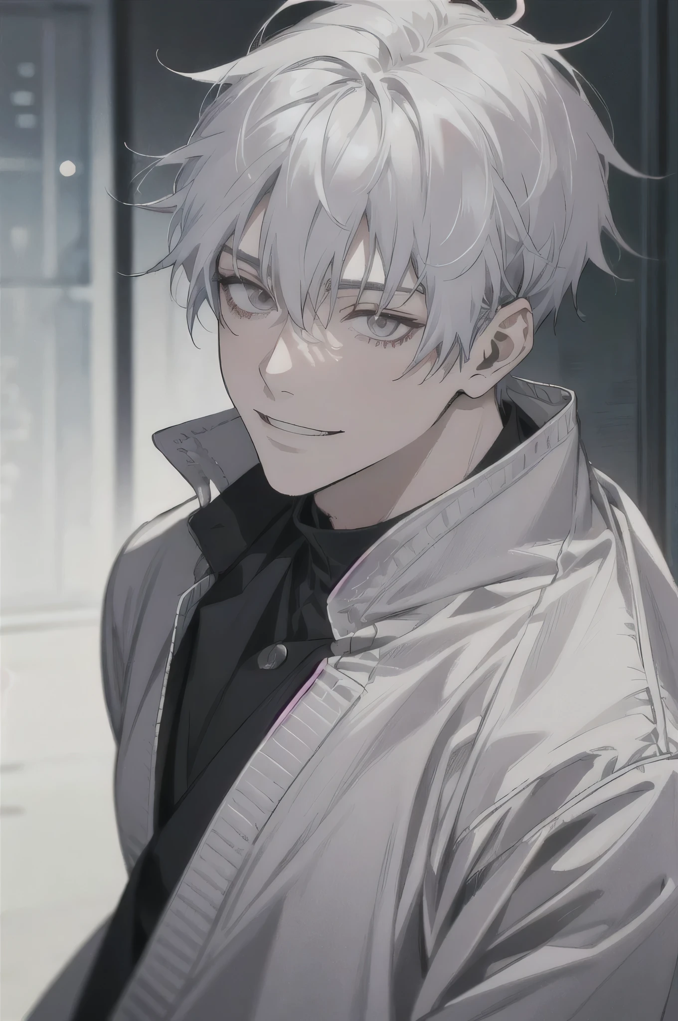 midjourney, ((best quality)), ((masterpiece)), (detailed), perfect face, 1male, handsome male, young, 18 years. old, ((white sleek hair, short hair down like inumaki toge from jujutsu kaisen)), ((dark eyes)), depth of field, happy expression, bright smile vivid colors.