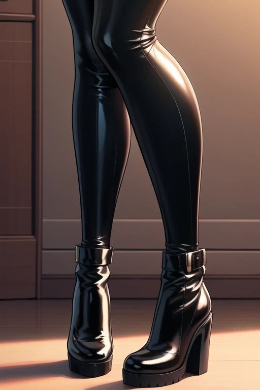 1 girl, 19 years old, Long pink hair, green eyes with slit pupils, master-piece, best quality, (patent leather trousers, sheer silk blouse, streetwear, patent leather high heel boots, cleavage), (Big , ultra gigantic , Super super big, Glamorous body), Make eye contact with the camera, front figure, looking forward, (light_Smile:1.5), (Detailed hands and fingers:1.2), (FULL BODYSHOT), thighs thighs thighs thighs、beauty legs、Bare legs