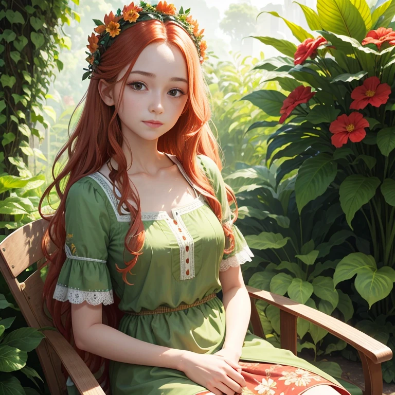 In the image, there is a young woman with long, wavy red hair. She is wearing a green top with a floral embroidery on the chest. The woman has a gentle expression on her face and is looking directly at the camera. She is adorned with a small floral crown or headband, which adds to the natural and serene atmosphere of the photo.
The background is lush with greenery, featuring a variety of plants and flowers, including what appears to be a banana plant and some vibrant red flowers. The lighting suggests it might be a sunny day, and the overall composition of the image gives it a peaceful and organic feel. The woman's attire and the floral elements in the image evoke a sense of harmony with nature.