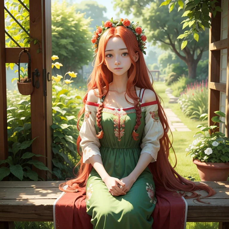 In the image, there is a young woman with long, wavy red hair. She is wearing a green top with a floral embroidery on the chest. The woman has a gentle expression on her face and is looking directly at the camera. She is adorned with a small floral crown or headband, which adds to the natural and serene atmosphere of the photo.

The background is lush with greenery, featuring a variety of plants and flowers, including what appears to be a banana plant and some vibrant red flowers. The lighting suggests it might be a sunny day, and the overall composition of the image gives it a peaceful and organic feel. The woman's attire and the floral elements in the image evoke a sense of harmony with nature.