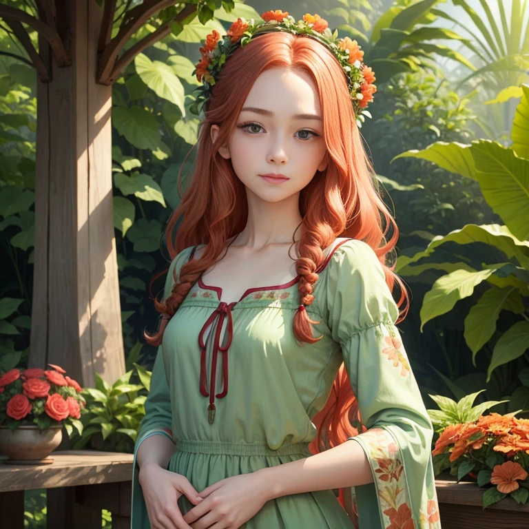 In the image, there is a young woman with long, wavy red hair. She is wearing a green top with a floral embroidery on the chest. The woman has a gentle expression on her face and is looking directly at the camera. She is adorned with a small floral crown or headband, which adds to the natural and serene atmosphere of the photo.
The background is lush with greenery, featuring a variety of plants and flowers, including what appears to be a banana plant and some vibrant red flowers. The lighting suggests it might be a sunny day, and the overall composition of the image gives it a peaceful and organic feel. The woman's attire and the floral elements in the image evoke a sense of harmony with nature.