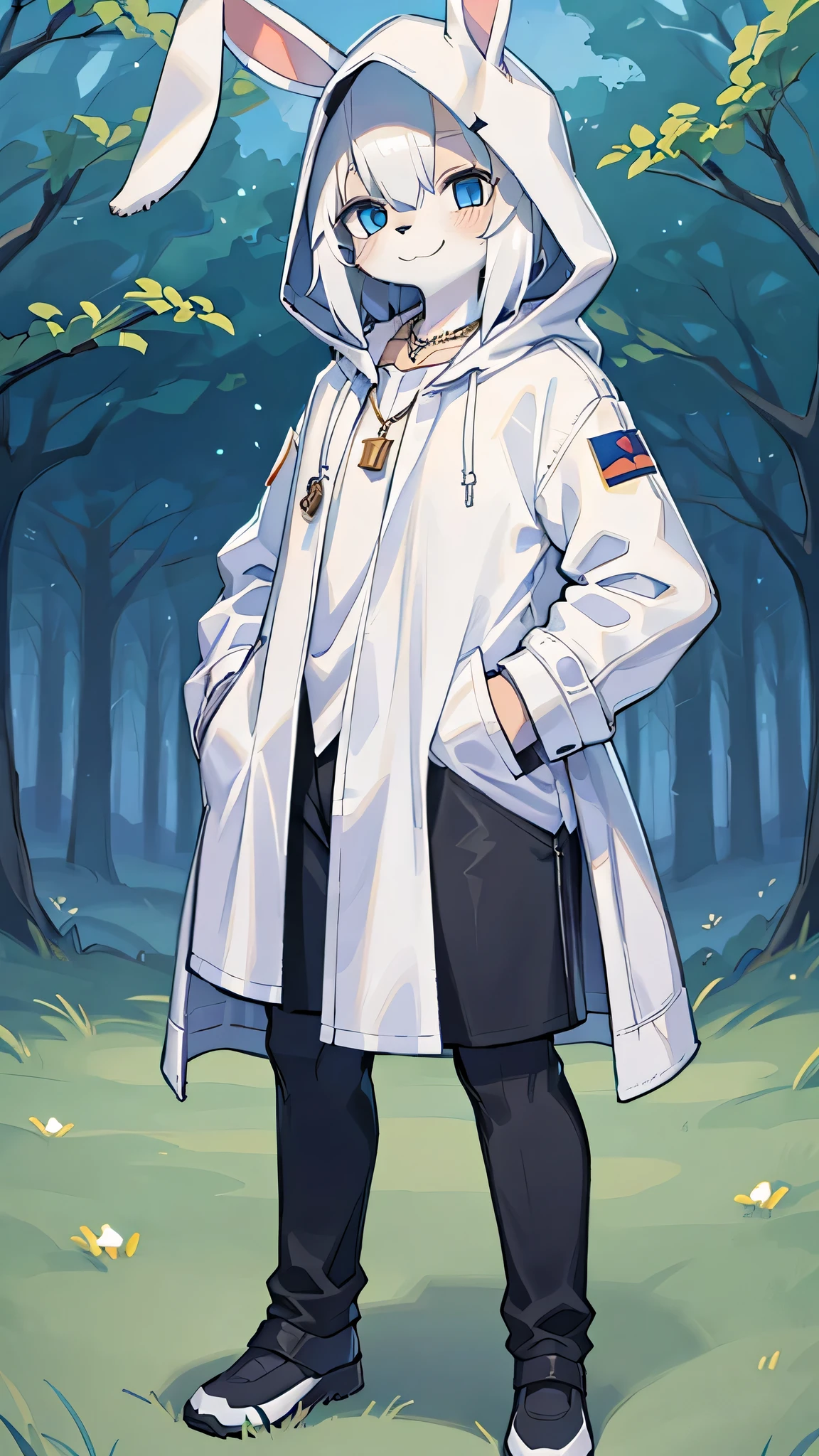 (masterpiece, highest quality), intricate details, 8k, White rabbit ears, whole body, 1 boy, blue eyes, slender body shape, grassland, anime, short height, white hair, white coat, black pants, furry, in the middle, smile, Golden necklace, short hair, Are standing, Wearing a white hood, hands in pockets