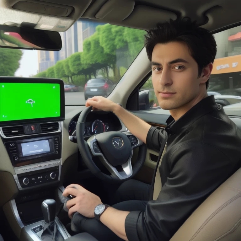 arafed man sitting in a car with a green screen, driver, driving a car, driving, frontshot, smooth technology, full protrait, in the background, in background, inside of a car, rectangle, inside a grand, with octane, handsome, portrait c 1 2. 0, portrait c 12.0, mid shot portrait, avatar image